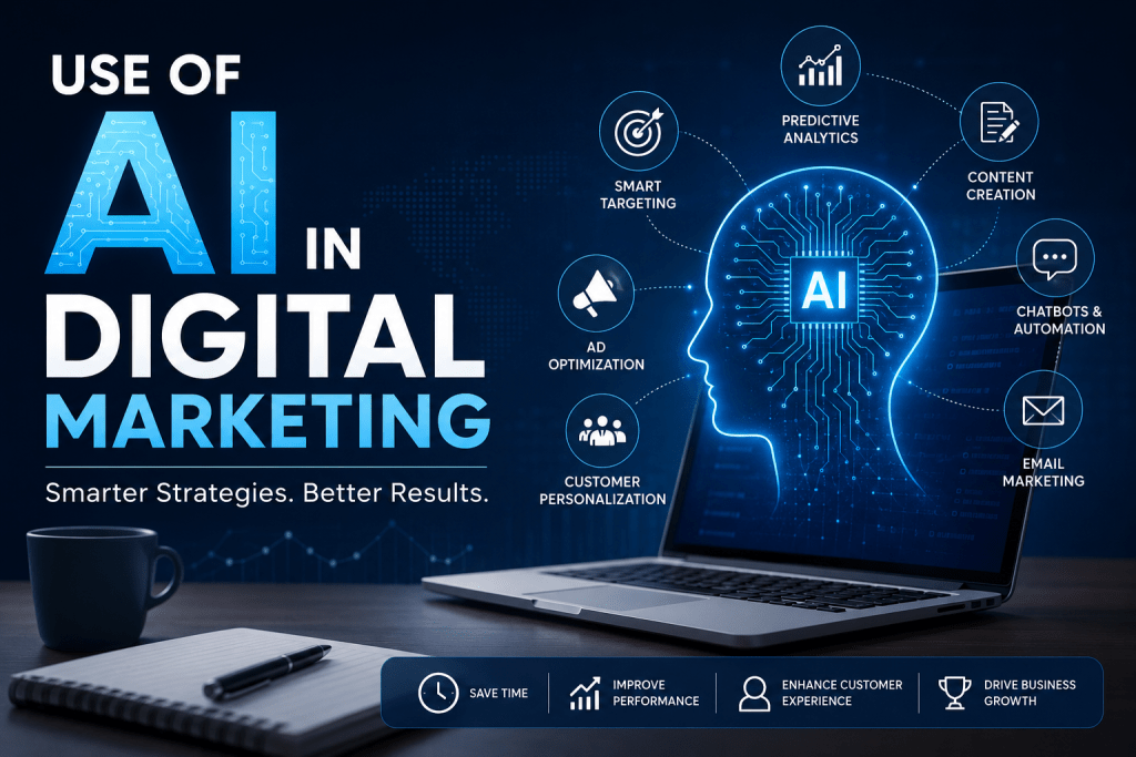 AI in digital marketing showing smart targeting, predictive analytics, content creation, chatbots, email marketing and ad optimization